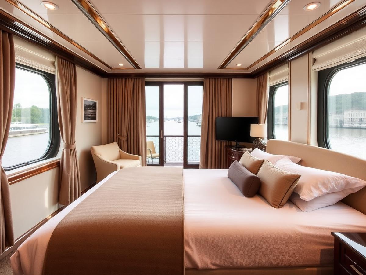 Cabine elegante de cruzeiro fluvial com varanda dupla com vista para o rio