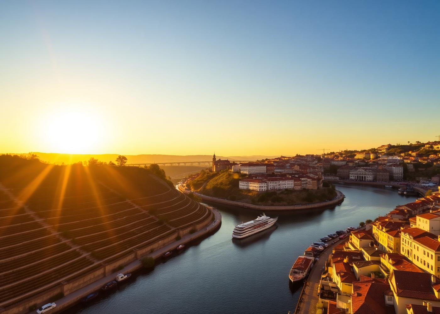 Vista aérea de cidade ribeirinha com cruzeiro fluvial ao entardecer