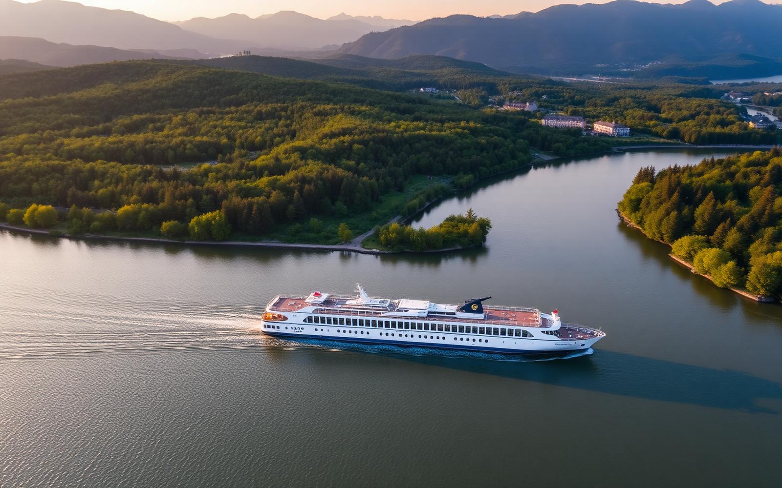 Navio AmaWaterways navegando em rio europeu, vista aérea ao entardecer